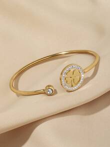 Brazalete Ajustable Que Se Puede Abrir De Acero Inoxidable Con Diseño De Trébol De La Suerte Y Decoración De Diamantes De Imitación Estilo Europeo Y Americano 1 Ud. - Dorado - Ver 2