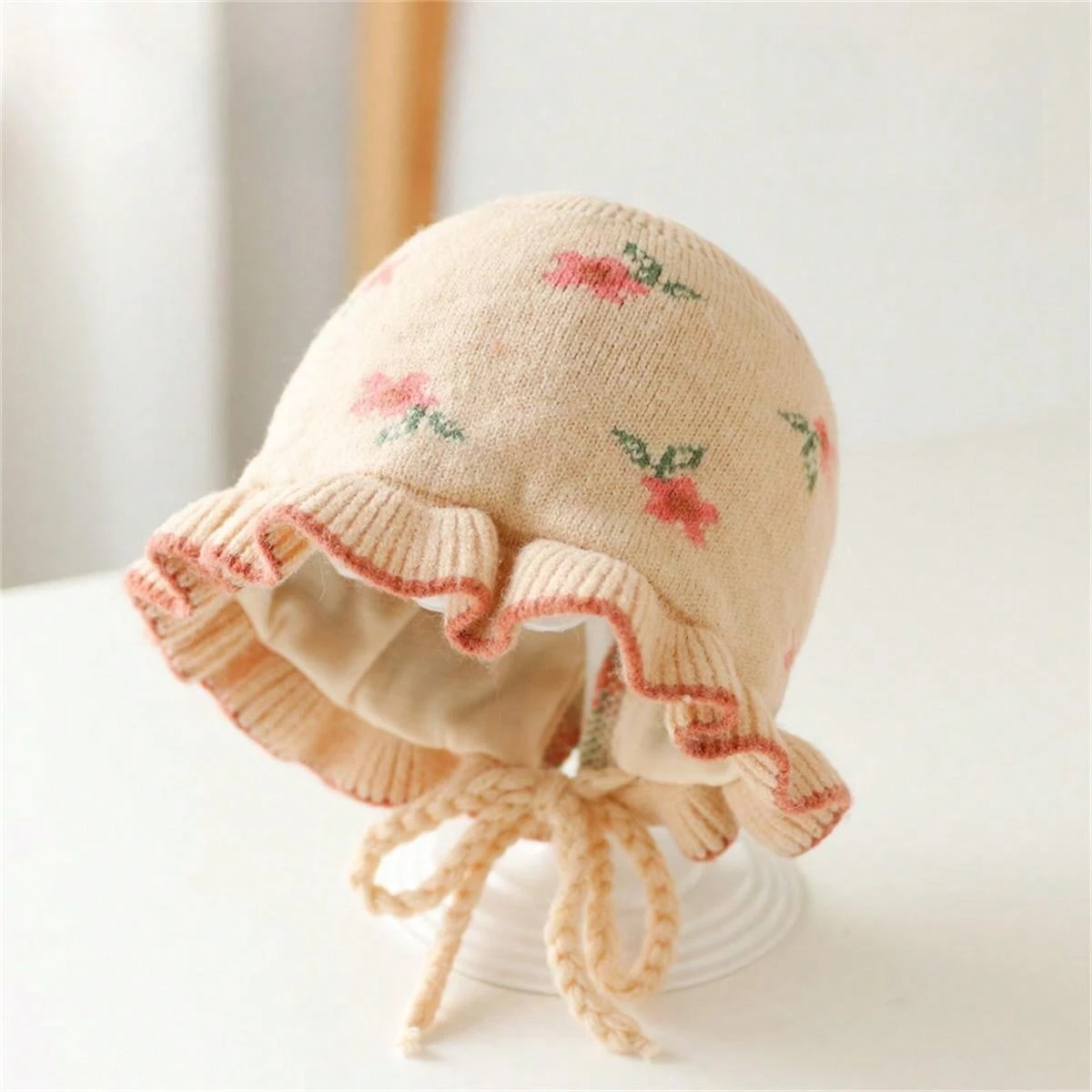 New Baby Girl Winter Cap In Red Color With Golden Bow For 0-2 Years In Jersey stuff on Sale Price main image 1