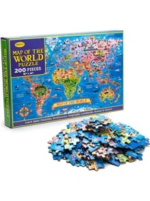 200 Pieces World Map Jigsaw Puzzle, Educational Geography Toy For Children And Adults, Floor Puzzle Learning Game For Boys And Girls - Blue - View 1