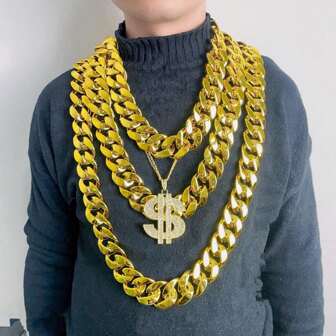 3pcs/1set European & American Hip Hop Style CCB Exaggerated Necklace, Large Gold Chain, Plastic Faux Gold Prop Necklace Set For Performance And Festival