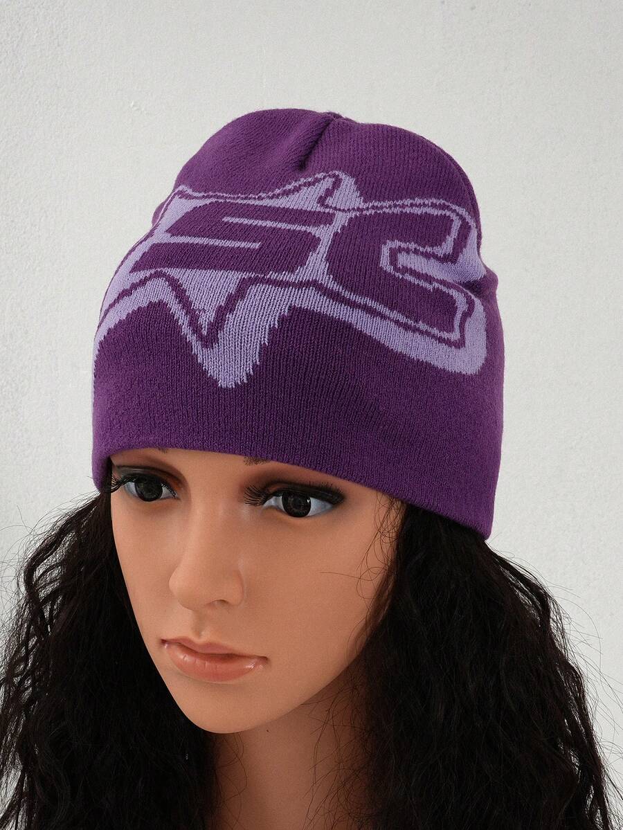 1 cái Phụ nữ Màu tím SC Letter Phim hoạt hình Họa tiết ngôi sao Dệt kim Mũ len co giãn mát mẻ thời trang, Phong cách Y2K, Màu sắc tươi sáng mùa xuân và mùa hè, Thích hợp để đi du lịch, mua sắm và mặc hàng ngày - Màu tím - Xem 1