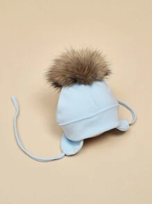 1 chiếc mũ len bảo vệ tai ấm áp làm từ lông gấu trúc thật, mũ trẻ sơ sinh cho bé trai và bé gái, mùa thu/đông - Màu xanh lam - Xem 1