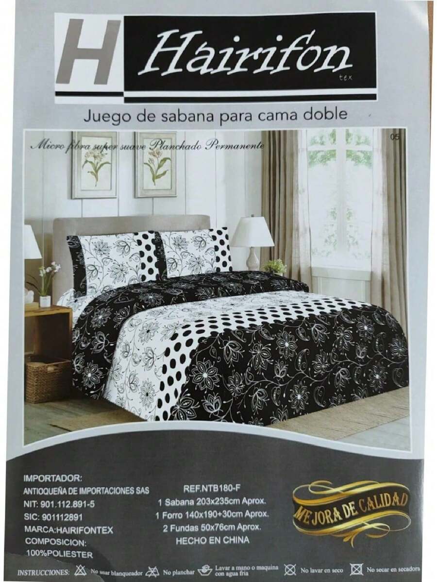 JUEGO DE SABANAS PARA CAMA MATRIMONIAL,  CON DISEÑO - Blanco y Negro - Ver 1