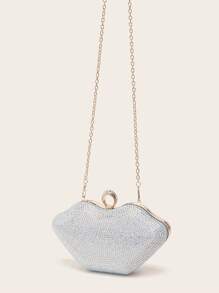 Lip Shaped Diamond Clutch With Metal Chain For Evening Party - Silver - View 5