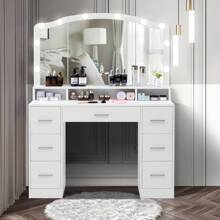 Vanity Desk With Large Lighted Mirror Valentine's Day Gift, 43.3" Makeup Vanity Table With 7 Drawers & 10 Lights Bulbs, 3 Lighting Colors, Make Vanity Desk, Vanity Table For Women Girls - 白色 - 查看 9