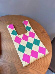 Vintage Knitted Color-blocking Handbag With Unique Design, Handheld Woven Beach Bag For Women - Yellow - View 5