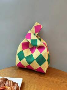 Vintage Knitted Color-blocking Handbag With Unique Design, Handheld Woven Beach Bag For Women - Yellow - View 1