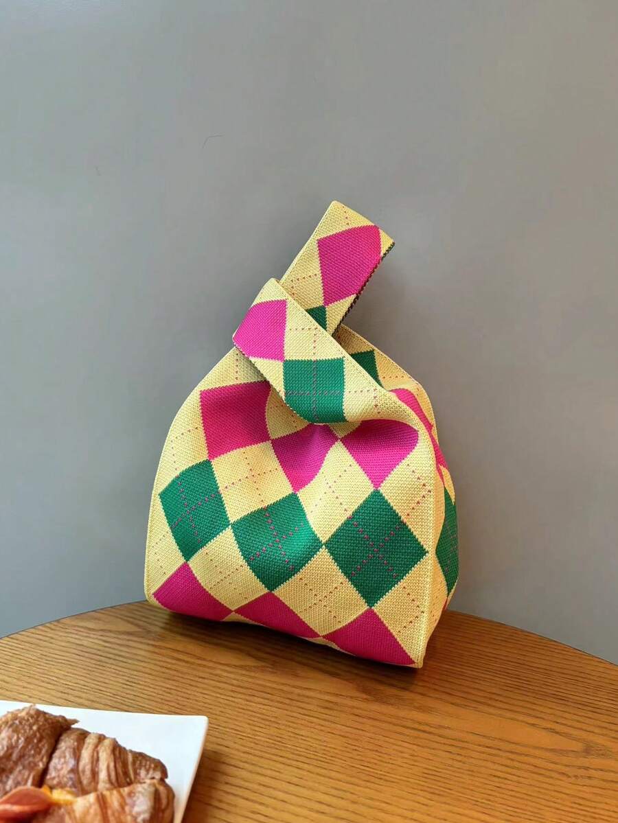 Vintage Knitted Color-blocking Handbag With Unique Design, Handheld Woven Beach Bag For Women - Yellow - View 1