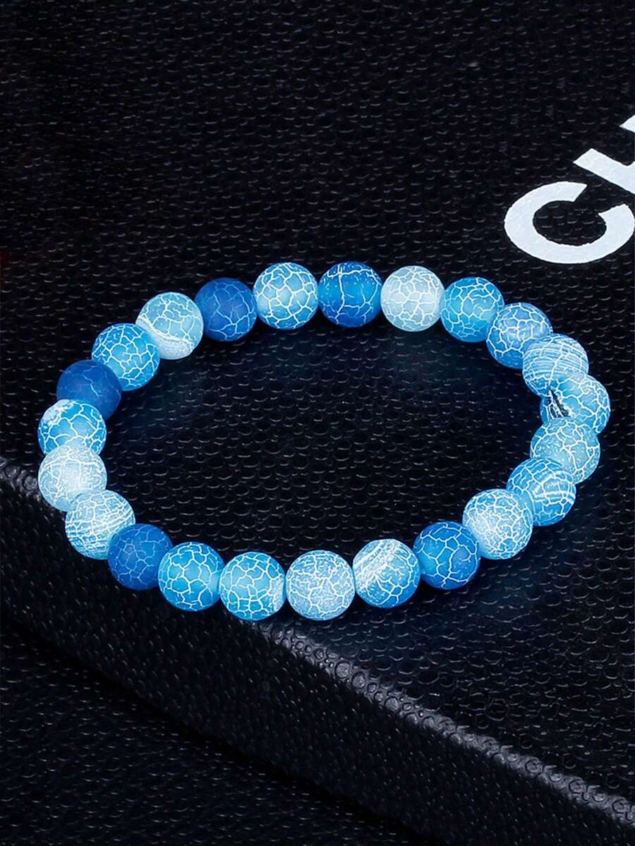 1入組藍色風化瑪瑙圓珠手鍊，男女適用的日常配飾 - 藍色 - 查看 1