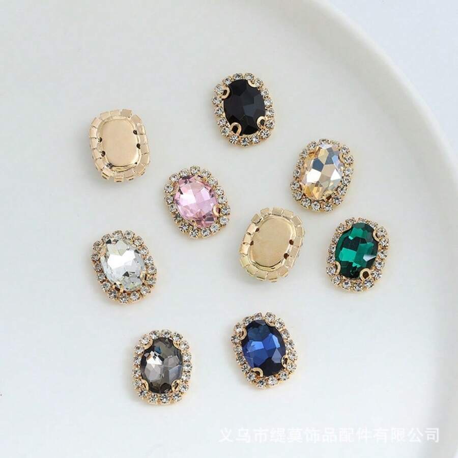 5入組橢圓形手縫玻璃鑲嵌方形幸運石diy珠寶、髮飾製作材料