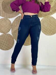 Plus Size Jeans - 深色水洗藍 - 查看 2