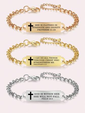 1pc Stylish 6.5-8 Inches Adjustable Gold-plated Stainless Steel Chain Bracelet With Engravings Of Cross And Bible Verses, Perfect As A Gift For Women's Holidays