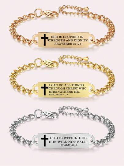 1 Pieza Elegante Pulsera De Cadena De Acero Inoxidable Chapada En Oro Ajustable De 6.5-8 Pulgadas Con Grabados De Cruz Y Versículos De La Biblia, Perfecta Como Regalo Para Días Festivos De Mujeres.