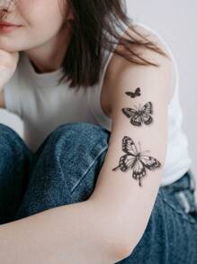 STARTTOOS 1張黑色蝴蝶和花卉紋身貼紙,可貼於手臂、手腕、胸部、腹部、背部 - 黑色 - 查看 3