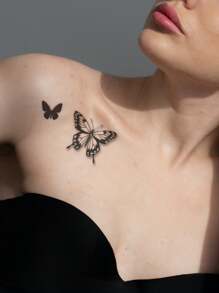 STARTTOOS 1張黑色蝴蝶和花卉紋身貼紙,可貼於手臂、手腕、胸部、腹部、背部 - 黑色 - 查看 1