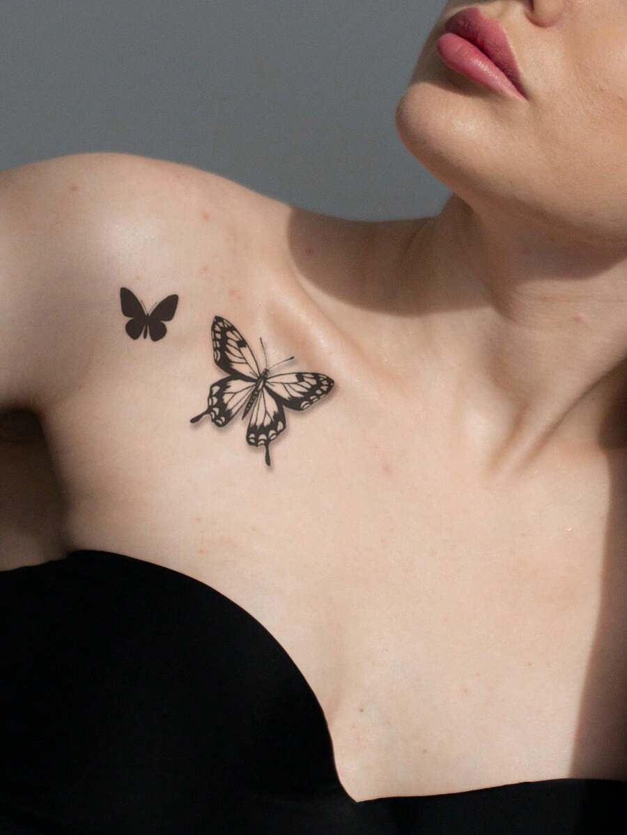 STARTTOOS 1張黑色蝴蝶和花卉紋身貼紙,可貼於手臂、手腕、胸部、腹部、背部 - 黑色 - 查看 1