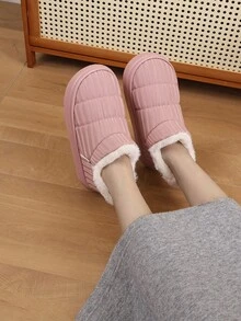 女士防水、易清洁、防滑、保暖纱线、纯色、简约风格圆头拖鞋、保暖室内雪地靴 - 藕粉色 - 查看 1