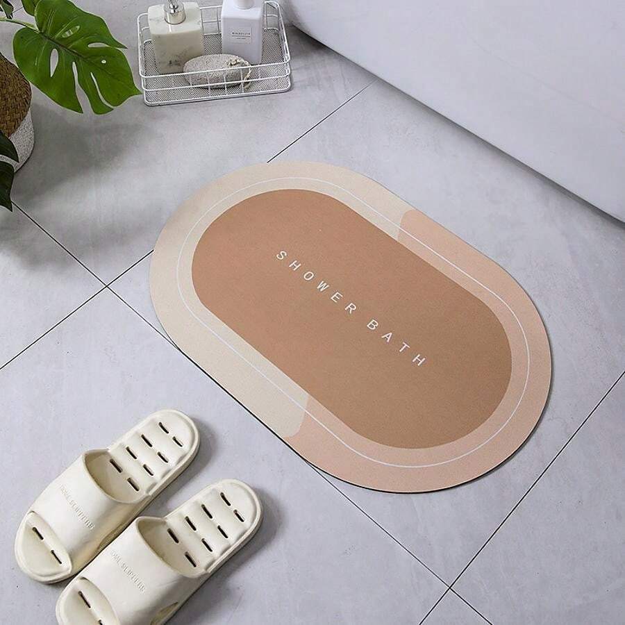1pc Patterned Modern Style Crystal Velvet Oval Shaped Water Absorbent Quick Dry Floor Mat Suitable For Bathroom, Kitchen, Living Room And Bedroom, Home Use - Orange - View 1