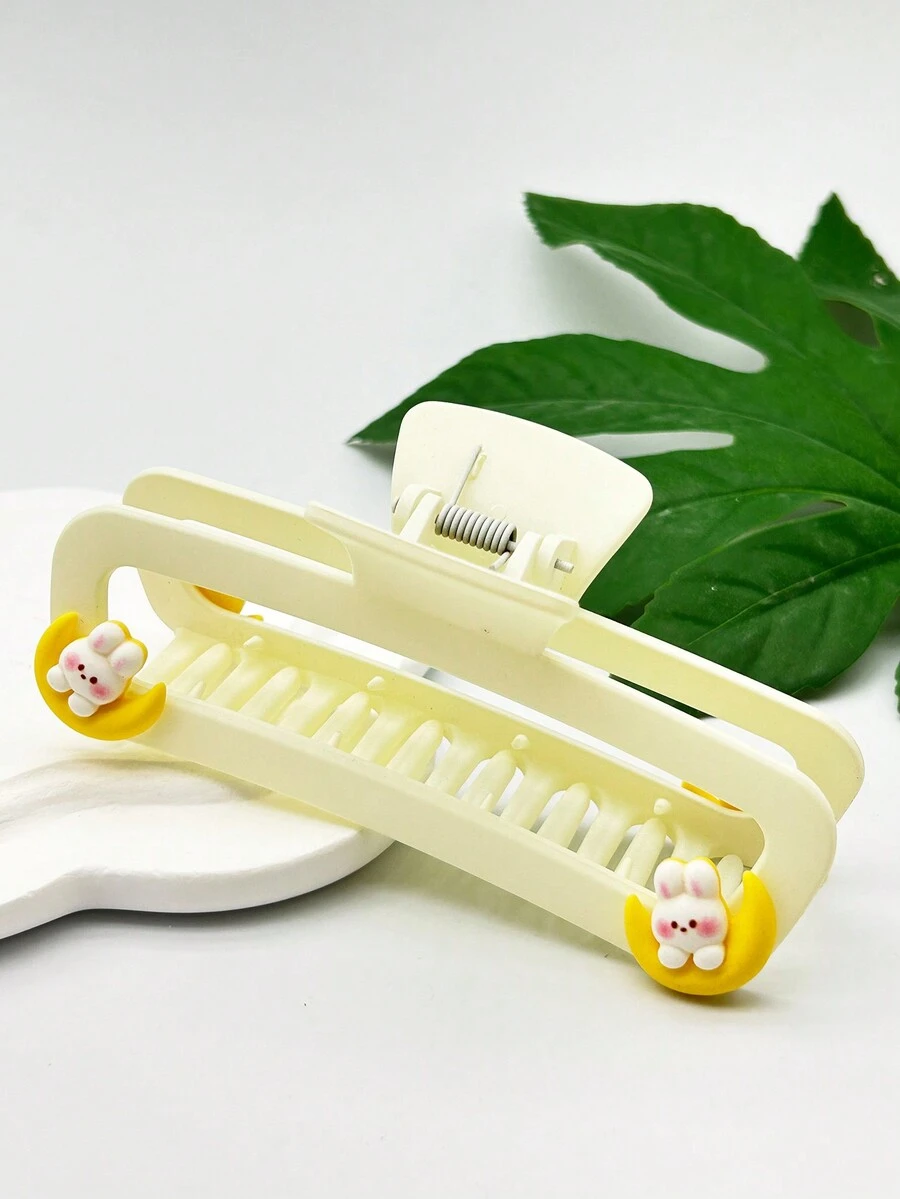 1個女性中空大長方形髮夾,帶彈唱吉他月兔圖案,有米色、棕色、卡其色和黑色多種可選 - 米色 - 查看 1