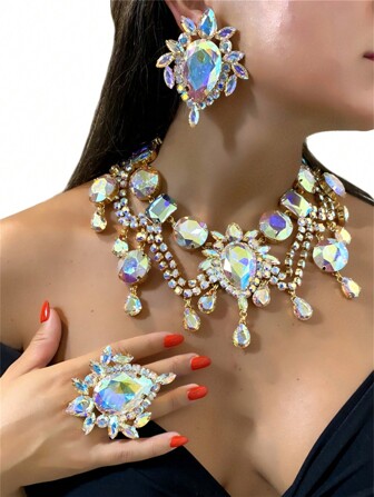 1套時尚方形方鑽頸鍊、耳環和戒指套裝,女士聚會和晚禮服配飾