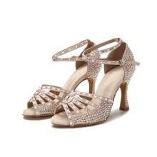 1 Par De Zapatos De Baile Latino, Chacha Y Salón De Baile De Tacón Alto Cómodos Y Modernos. Con Perlas, Diamantes Y Tela De Satén Color Albaricoque. - Albaricoque - Ver 3