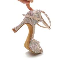 1 Par De Zapatos De Baile Latino, Chacha Y Salón De Baile De Tacón Alto Cómodos Y Modernos. Con Perlas, Diamantes Y Tela De Satén Color Albaricoque. - Albaricoque - Ver 8