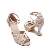 1 Par De Zapatos De Baile Latino, Chacha Y Salón De Baile De Tacón Alto Cómodos Y Modernos. Con Perlas, Diamantes Y Tela De Satén Color Albaricoque. - Albaricoque - Ver 5