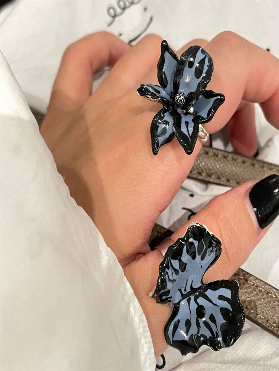 1pc Design A Y2k Style Cool Three-dimensional Drip Oil Butterfly Ring For Women, Hand Set With Sparkling Rhinestones, Unique Flower & Adjustable Open Ring - Type a - View 1