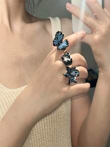 1pc Design A Y2k Style Cool Three-dimensional Drip Oil Butterfly Ring For Women, Hand Set With Sparkling Rhinestones, Unique Flower & Adjustable Open Ring - Type a - View 4