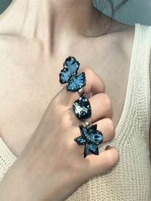 1pc Design A Y2k Style Cool Three-dimensional Drip Oil Butterfly Ring For Women, Hand Set With Sparkling Rhinestones, Unique Flower & Adjustable Open Ring - Type a - View 3
