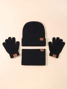 兒童中性汽車標誌針織帽、針織手套和圍巾套裝,休閑經典保暖(1針織帽+1針織手套+1針織圍巾) - 黑色 - 查看 1
