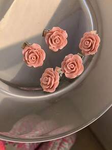 5入組甜美玫瑰粉色花形髮夾套裝,髮夾髮夾頭飾