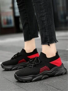 時尚針織輕便步行鞋情侶休閒運動鞋,舒服的透氣女性前繫帶運動鞋,男士撞色編織競技運動鞋 - 黑色 - 查看 1
