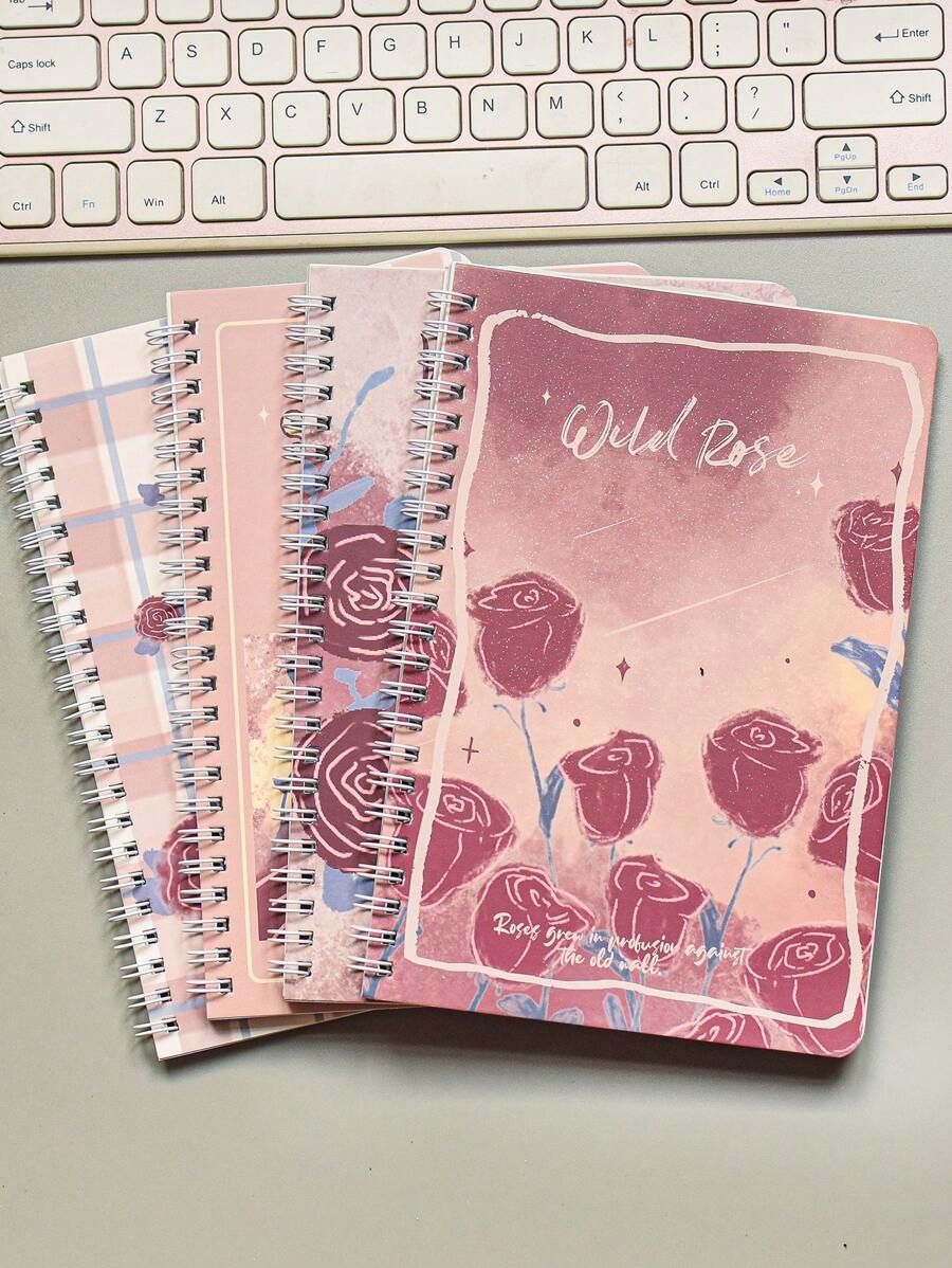 MOKA 4pcs/pack A5 Spiral Notebook With Cute Cartoon Cover, 60 Sheets Lined Paper In Each Notebook, 240 Sheets Total - Burgundy - View 1