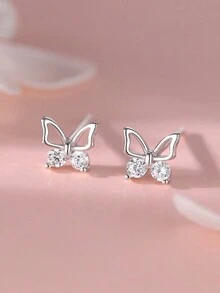 1對雙色925銀空心蝴蝶造型鋯石耳釦,精細時尚配飾,適合日常配戴,是女性的絕佳禮品選擇 - 銀色 - 查看 2