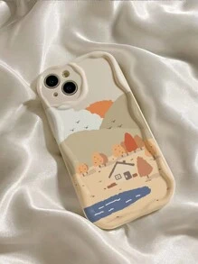 1pc 3d Wave & Mountain Hut Design Phone Case In Beige Compatible With IPhone - Multicolor - View 1