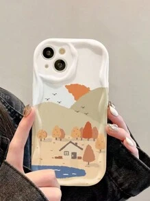 1pc 3d Wave & Mountain Hut Design Phone Case In Beige Compatible With IPhone - Multicolor - View 3