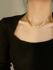 女款金色手工針織不鏽鋼頸鏈，新潮流個性化鎖骨鍊，非碰撞式設計