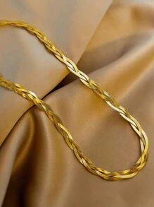 女款金色手工針織不鏽鋼頸鏈，新潮流個性化鎖骨鍊，非碰撞式設計