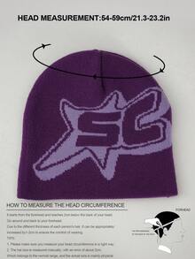 1 cái Phụ nữ Màu tím SC Letter Phim hoạt hình Họa tiết ngôi sao Dệt kim Mũ len co giãn mát mẻ thời trang, Phong cách Y2K, Màu sắc tươi sáng mùa xuân và mùa hè, Thích hợp để đi du lịch, mua sắm và mặc hàng ngày - Màu tím - Xem 4