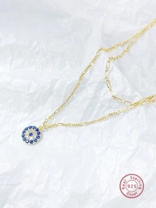 1pc 925 Sterling Silver & Zirconia Double Layered Fashionable & Luxurious Necklace, Perfect For Women'S Daily Wear, Commute, Autumn And Winter, Jewelry Gifts - Yellow Gold - View 2