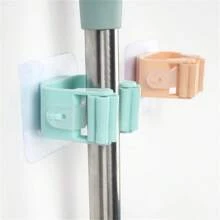 1pc Creative Traceless Mop Clip With Strong Adhesive And Roller Design, No Drilling Required, Bathroom Broom Hook, Green - Green - View 1