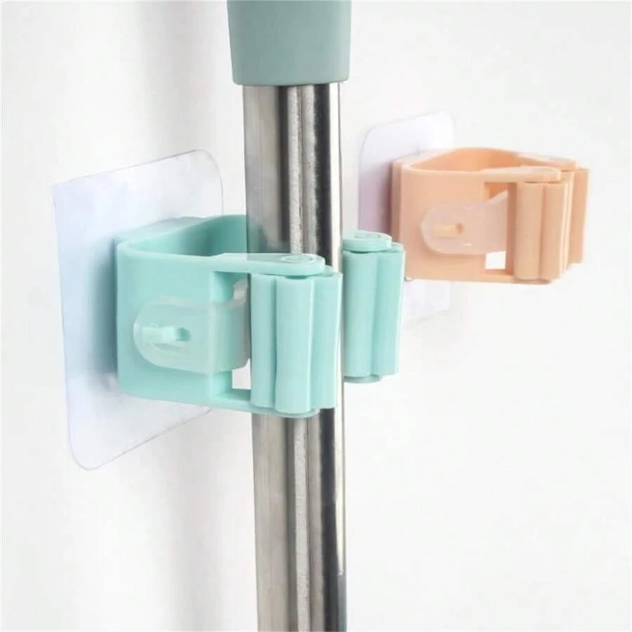 1pc Creative Traceless Mop Clip With Strong Adhesive And Roller Design, No Drilling Required, Bathroom Broom Hook, Green - Green - View 1