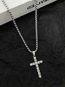 1pc Hip Hop Cross Pendant Necklace With Rhinestone Decor For Men, Street Style And Personalized Fashion Accessory - Silver - View 2