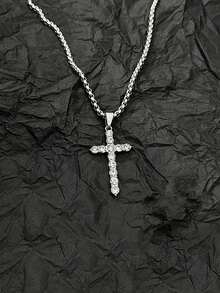 1pc Hip Hop Cross Pendant Necklace With Rhinestone Decor For Men, Street Style And Personalized Fashion Accessory - Silver - View 4