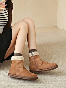 加厚鞋底羊羔毛短靴，冬季雪地靴 - 駝色 - 查看 3