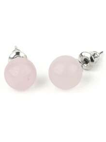 1 Par de pendientes de aro de cristal de piedra natural, bola redonda de cuarzo rosa, amatista de 8 mm, color plateado, joyería de moda simple para mujeres y niñas