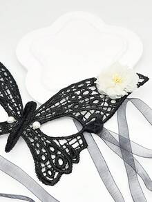 1pc Girls' Mesh Butterfly & Flower Design Lace Mask Face Covering, Multiple Colors Available - White - View 4