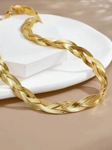 女款金色手工針織不鏽鋼頸鏈，新潮流個性化鎖骨鍊，非碰撞式設計