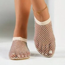 Women's Fashionable Mesh Flat Shoes With Breathable Design, Rhinestone Decoration And Colorful Options - Khaki - View 5